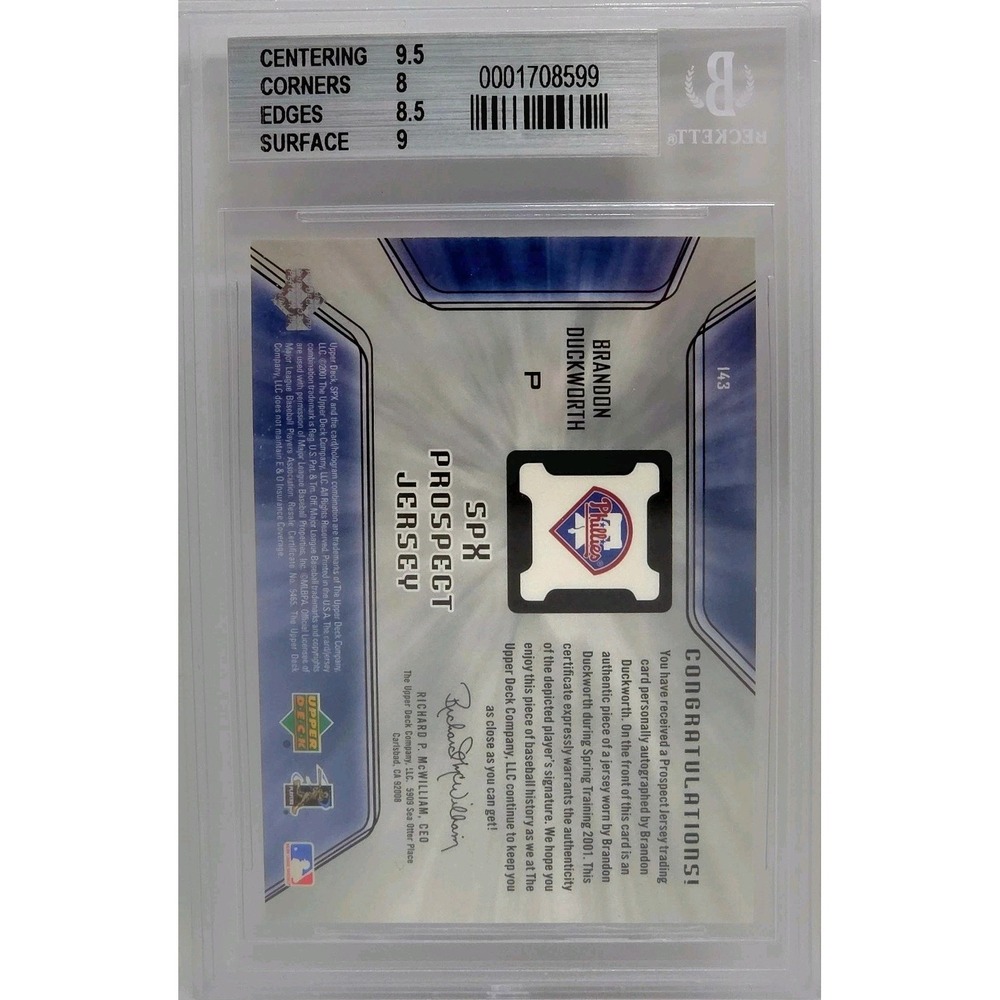 2001 SPx Prospect Jersey Autograph Brandon Duckworth #143 (AU, MEM, RC) BGS 8.5 - Picture 2 of 4